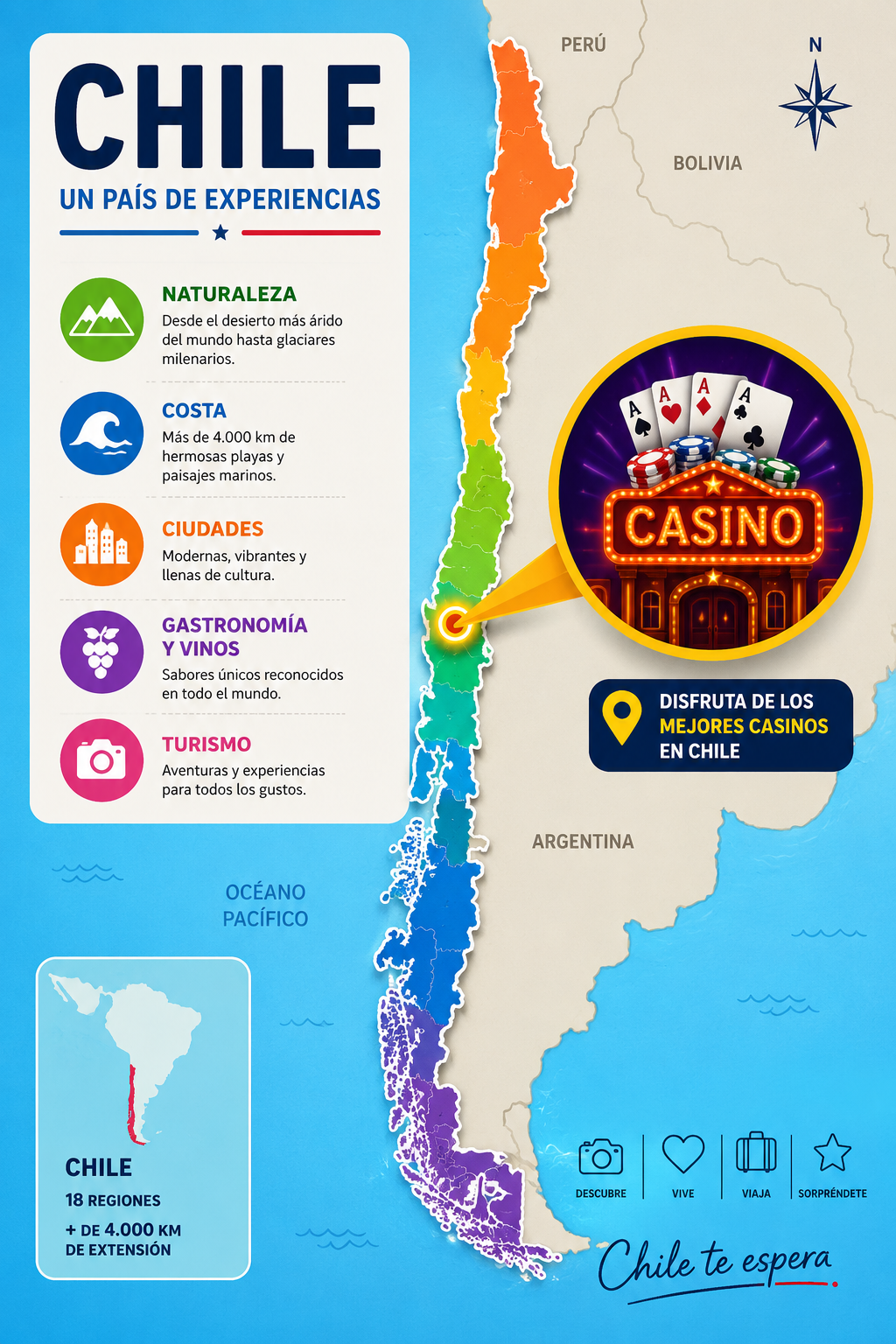 Mapa ilustrado de Chile con un ícono destacado de casino y elementos turísticos en estilo infográfico vibrante y moderno.