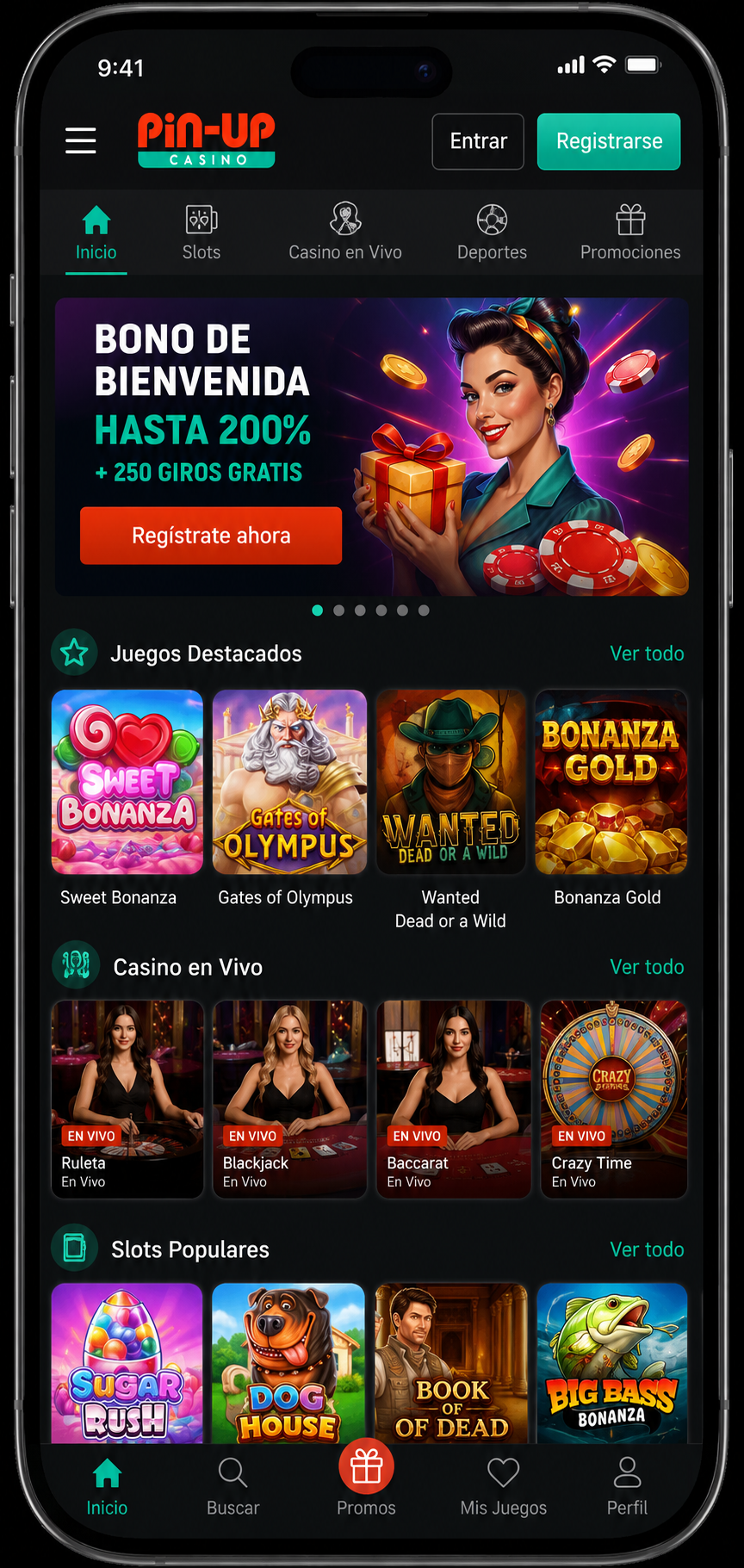 Captura de pantalla moderna de la aplicación móvil de Pin Up Casino mostrando juegos destacados, casino en vivo y promociones exclusivas.