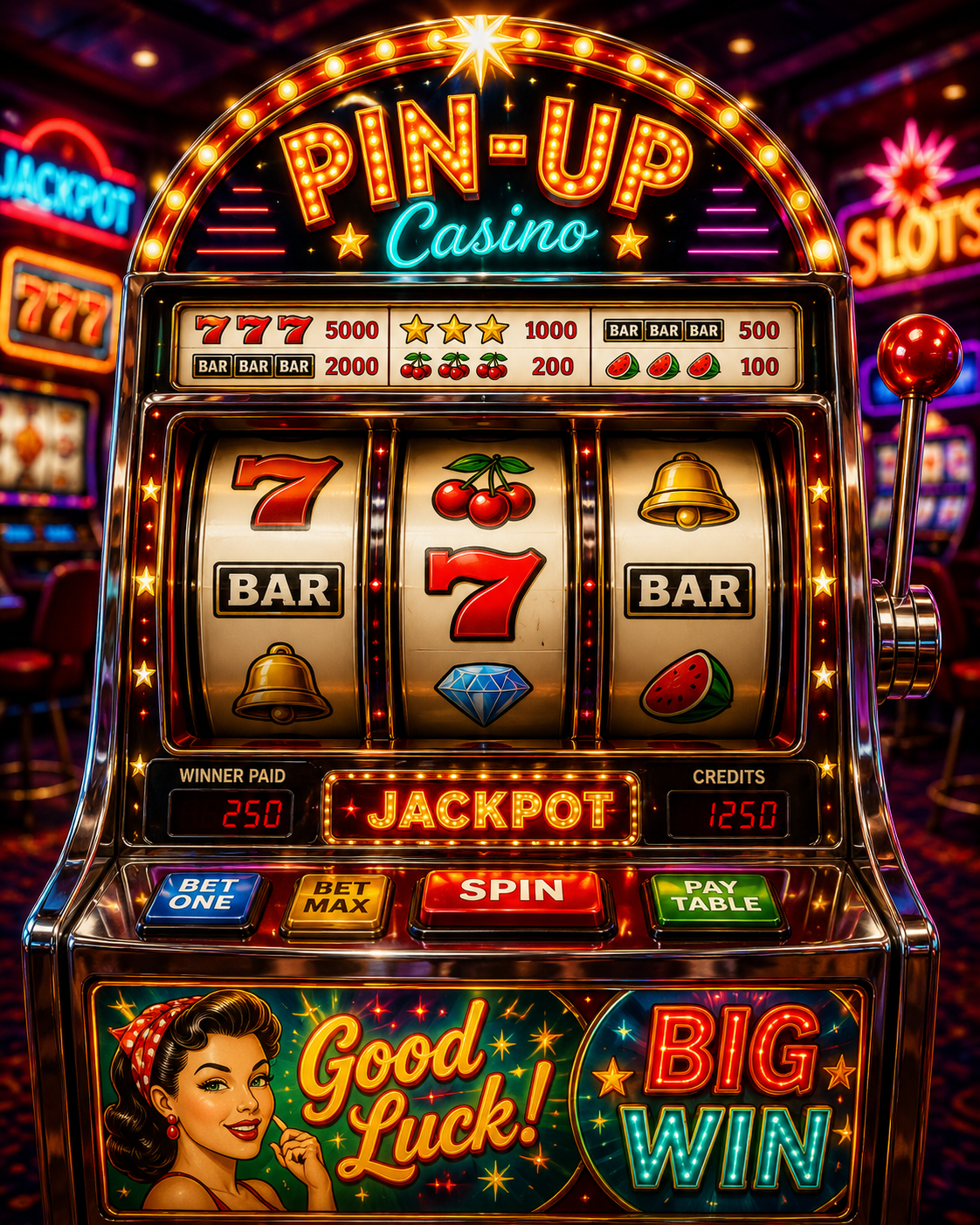 Máquina tragamonedas clásica de estilo retro con luces neón brillantes, símbolos de casino y un gran premio jackpot en un ambiente vibrante.