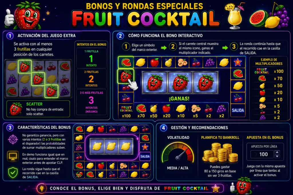 Guía visual de los bonos y rondas especiales de Fruit Cocktail con multiplicadores y consejos de bankroll.