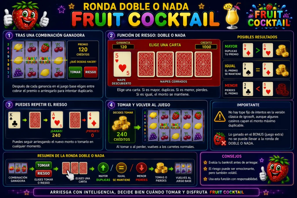 Explicación de la función doble o nada de Fruit Cocktail con cartas, riesgos y ejemplos de premios.